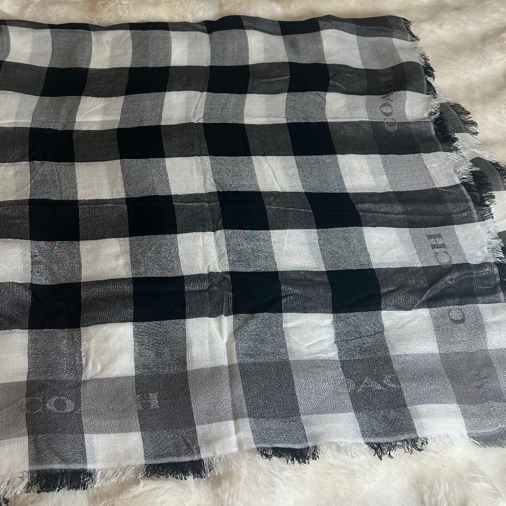 Coach 46” square scarf. Black, white and silver